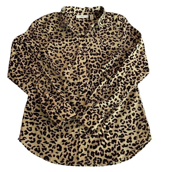 1901 Blouse Button Down Collar Leopard Print Tan Black Brown Long Sleeve XS - Picture 13 of 13